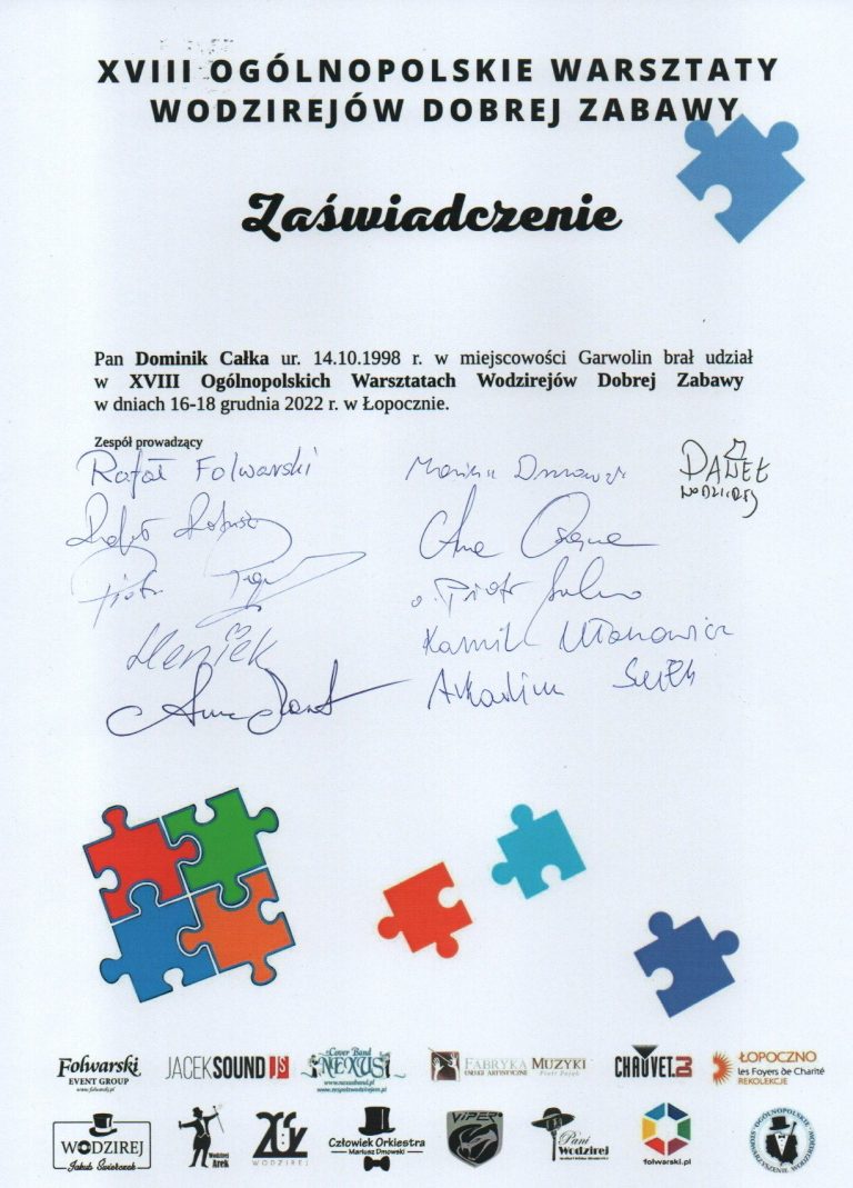 Skan zaświadczenia ze szkolenia dla wodzirejów.