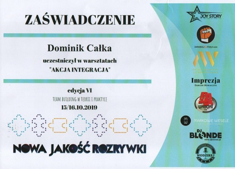 Skan zaświadczenia ze szkolenia dla wodzirejów.