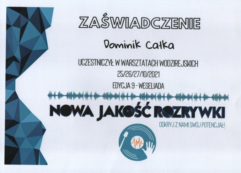 Skan zaświadczenia ze szkolenia dla wodzirejów.