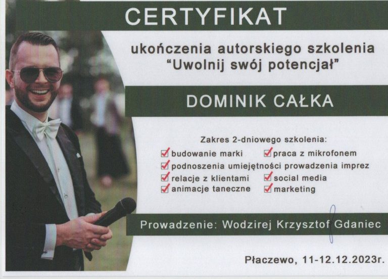 Skan zaświadczenia ze szkolenia dla wodzirejów.