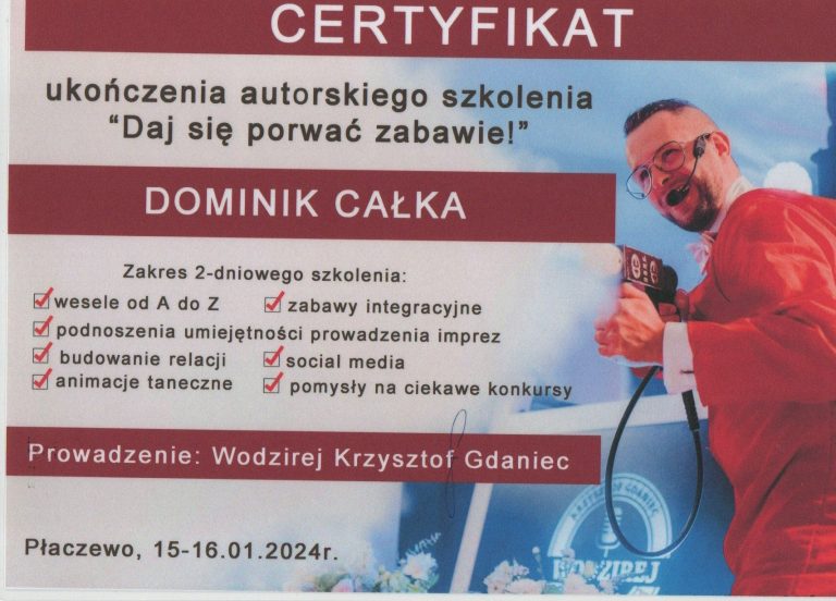 Skan zaświadczenia ze szkolenia dla wodzirejów.