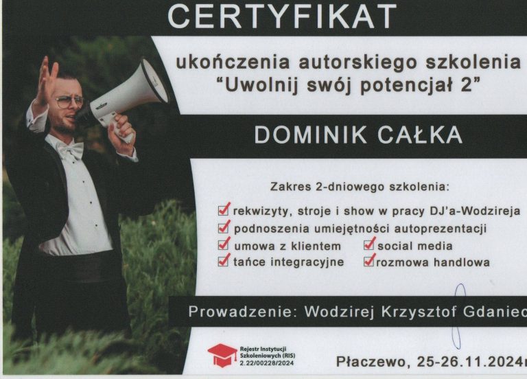 Skan zaświadczenia ze szkolenia dla wodzirejów.